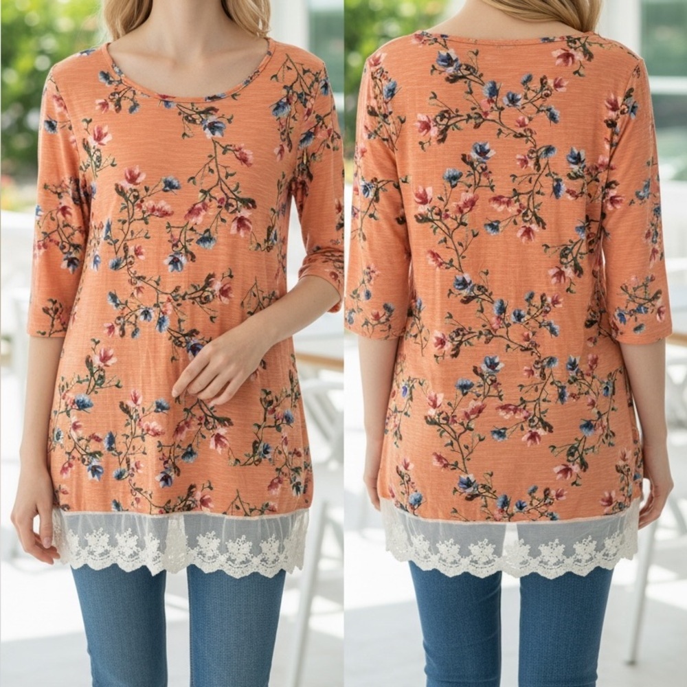 Everlie Floral Lace Hem Top - Orange LARGE